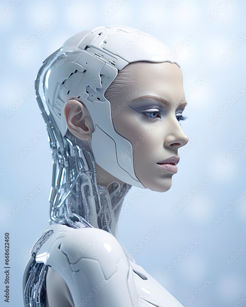 Poster Silver-white humanoid female robot.