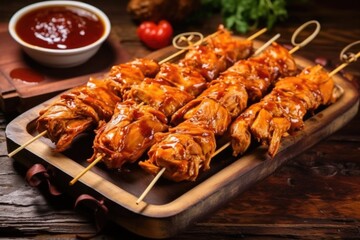 pulled chicken in bourbon bbq sauce on wooden skewers