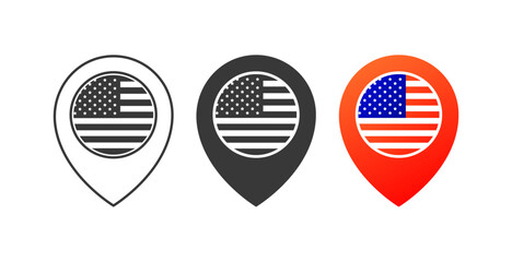 Geolocation icons with American flag. Different styles, geolocation of American places, USA flag. Vector icons