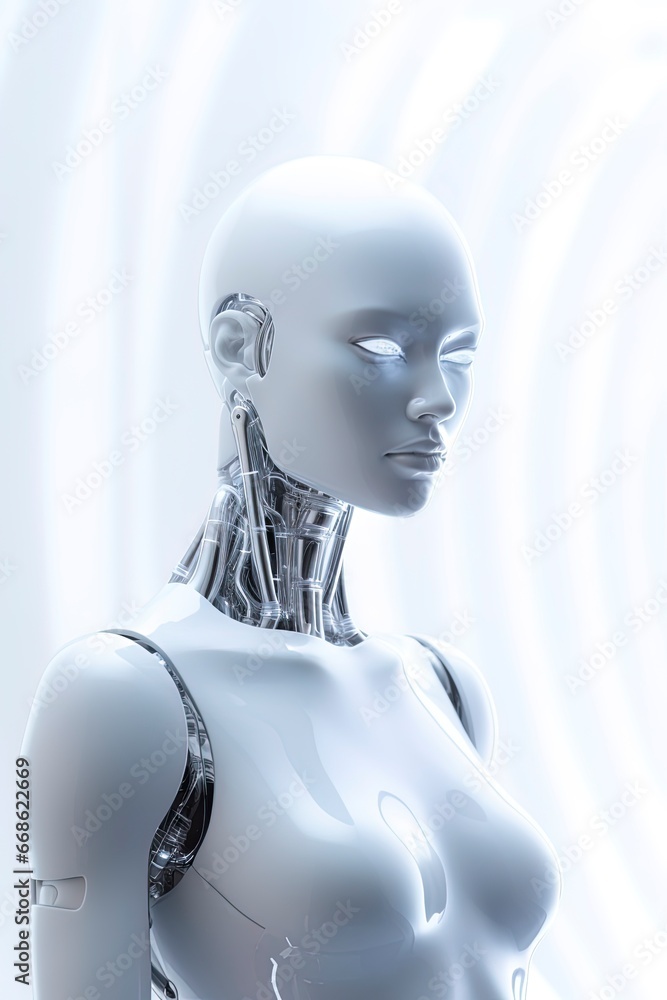 Poster Silver-white humanoid female robot.