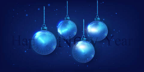 Fototapeta na wymiar Wireframe Christmas Ball, low poly style. Ethereal Blue New Year Background with Luminous Hanging Ornaments and Starry Night Sky. Polygonal wireframe composition. Isolated on blue background