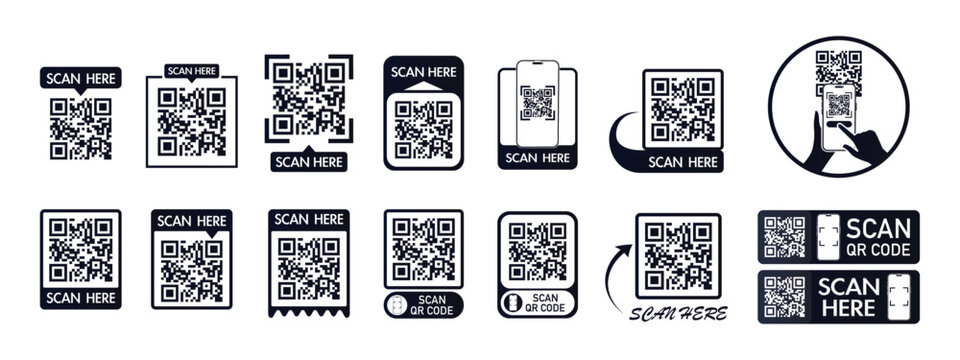 QR code scan icon set for mobile apps and payments. QR code scan for smartphone. Qr code Template scan here QR code for smart phone. Vector illustration.