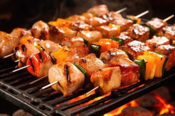 pork belly skewer on a sizzling churrasco grill