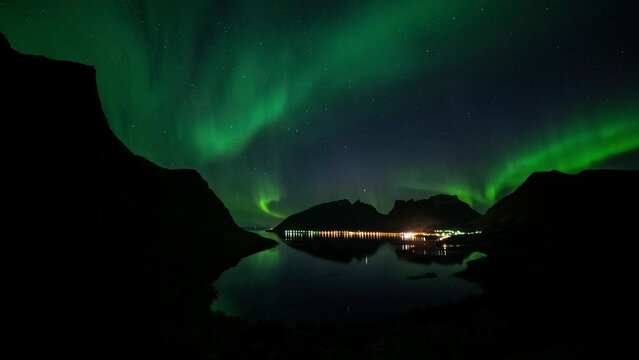 Time lapse of Aurora Borealis (Northern Lights) looking towards Bergsbotn, Senja, Norway, Scandinavia