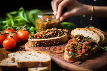 olive tapenade being spread on bread for bruschetta with hand - obrazy, fototapety, plakaty