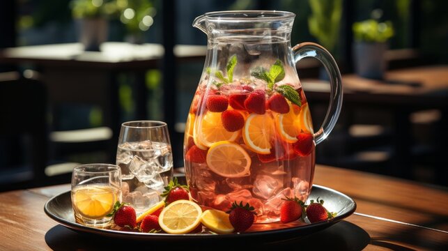 A pitcher of sangria with fruit slices floatin. Generative AI.