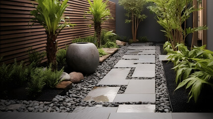 Textured and contrasting elements like pebbles flagstone and pavers along with minimalist plantings create a small contemporary Asian urban garden