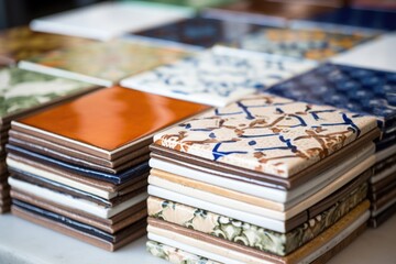 stack of assorted ceramic tiles in varying patterns - obrazy, fototapety, plakaty