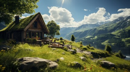 A Scandinavian-inspired cabin with a sod roof. Generative AI.