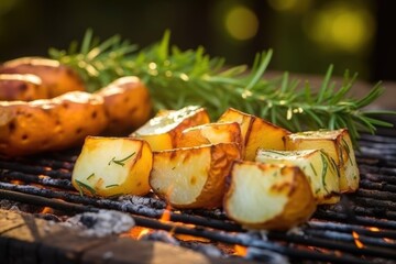 campfire potatoes on rustic wooden surface, smoke background