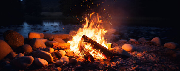 forest trip by the campfire in the night time.