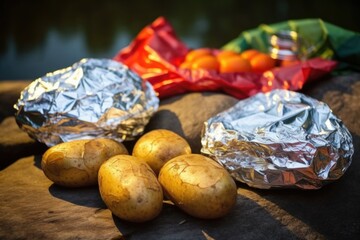 foil-wrapped potatoes beside glowing campfire
