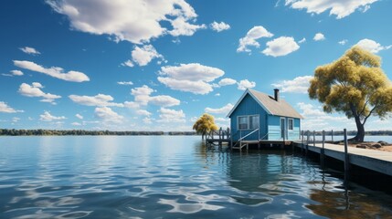 Fototapeta premium A small boathouse sitting on top of a body. Generative AI.