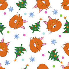 NEW YEAR'S PATTERN WITH FOXES AND DECORATED TREES. SEAMLESS PATTERN ON WHITE BACKGROUND,TEXTURE,BACKGROUND.SUITABLE FOR FABRIC,WRAPING PAPER,WALLPAPER.
