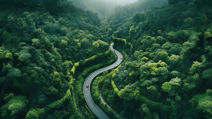 Aerial view of an empty road crossing a huge and green forest 