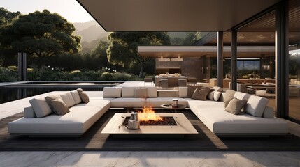 An outdoor living room with retractable glass walls and sleek, built-in seating.