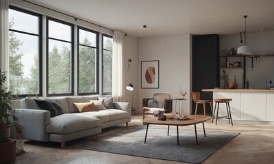 Minimalistic Scandinavian design of a cozy house with a fireplace. Bright interior with wood elements.