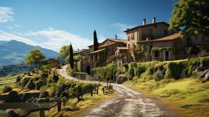 A small Italian village nestled in the country. Generative AI.