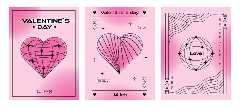 Set of Valentine's Day posters in y2k style with wireframe heart and sphere. Trendy minimalist aesthetic. Vector illustration