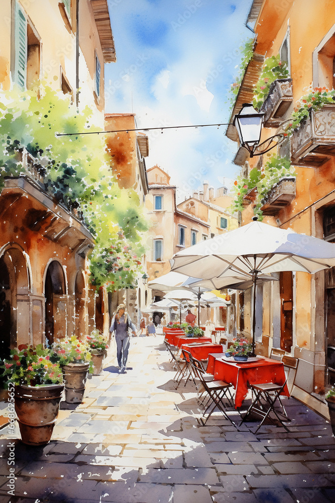 Wall mural Street cafe in Italy. Watercolor painting of summer cityscape. Printable wall art. Generative AI