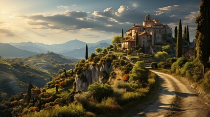 A small Italian village nestled in the country. Generative AI.