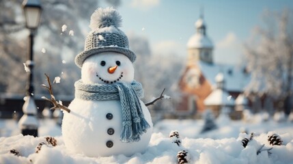 A snowy landscape with a snowman. Generative AI.