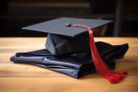 folded graduation cap and gown on a wooden desk