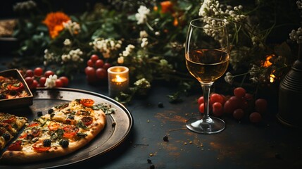 Appetizing pizza and a glass of wine, against the backdrop of fresh greenery. Restaurant serving of a simple flour dish. Delicious fast food.