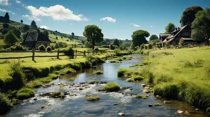 A tranquil scene of a rural village. Generative AI.
