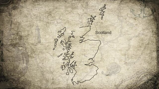 Scotland map drawn on a cartography background sheet of paper
