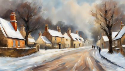 impressionist painting of an old fashioned town street covered in snow in winter with people walking along the road