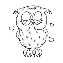 Cute owl character, owl chick. Outline drawing, sketch for coloring. Vector