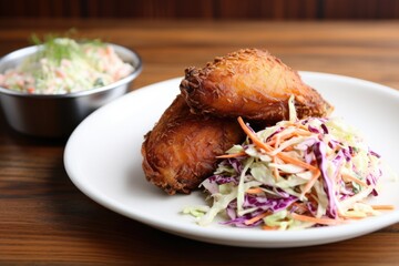 plate with crispy fried chicken and coleslaw