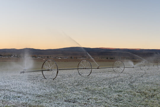 Irrigation System on a sub-freezing morning before dawn. High quality photo was taken in the American Southwest 