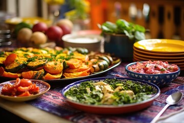 close-up of a table set with colorful vegetarian dishes