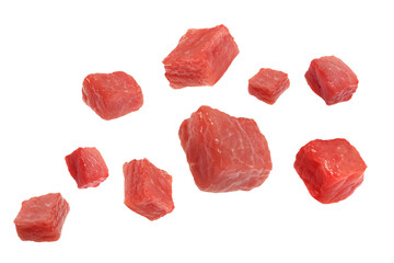 Pieces of raw beef for goulash flying on white background - obrazy, fototapety, plakaty