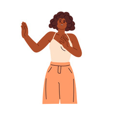 Woman afraid, gesturing stop with hand palm. Scared frightened girl in fear, showing mute deaf warning sign, saying no, refusing. Flat graphic vector illustration isolated on white background