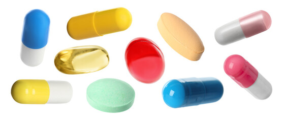 Many pills in different forms and colors isolated on white, collection