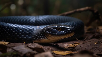 Close up of the head of a black whip snake in the forest