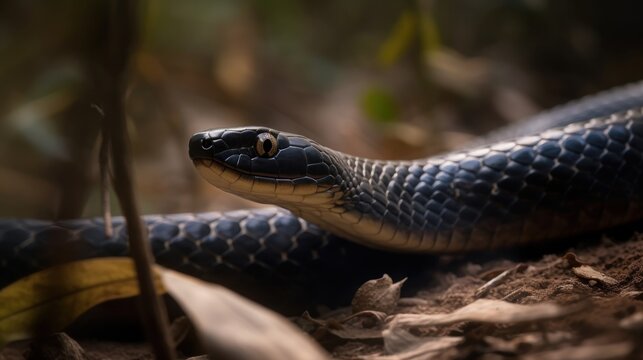 Portrait of a black and blue striped snake in the jungle.