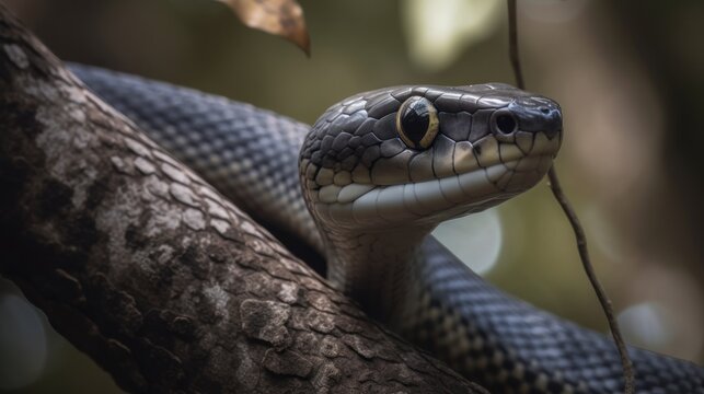 Close up of the head of a black snake. Wildlife concept with a copy space.
