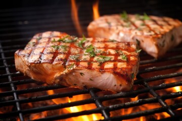 swordfish steak smoking on grill over charcoal - obrazy, fototapety, plakaty