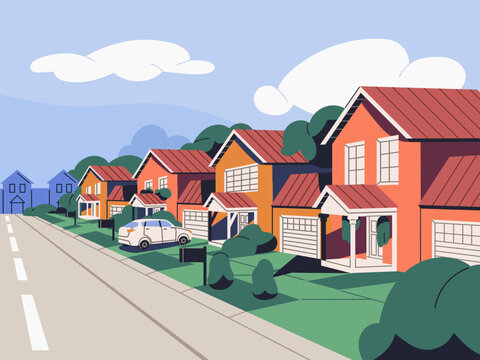 Suburban houses, residential real estate in suburbs. Homes in suburbia, city outskirts. Small town street with semi-detached buildings, dwelling property, garages, lawn, road. Flat vector illustration
