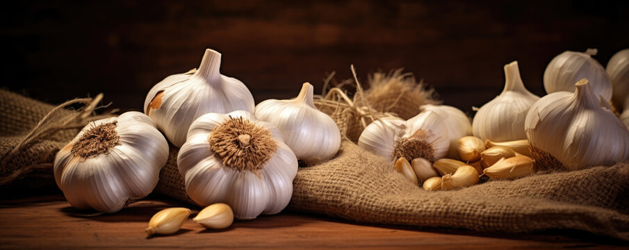 Fresh garlic cloves and bulbs on wooden table. Garlic banner