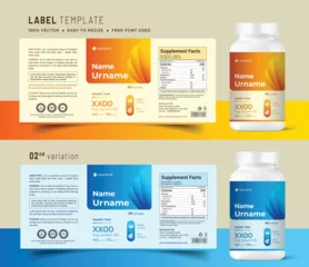 Poster Vitamin label sticker design, natural multi food supplement banner packaging, jar label medicine health product print vector modern file. © Artfriend