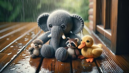A Knitted toy elephant, duckling, and racoon sitting together on a wooden porch floor, wet from the rain