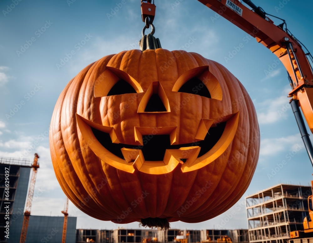 Wall mural giant pumpkin at contruction site in the city unloaded by excavator during halloween holiday celebra