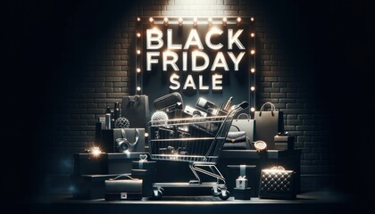 Black Friday poster with a close-up of a shopping cart filled with luxury items, highlighted by a spotlight, and 'Black Friday Sale' - obrazy, fototapety, plakaty