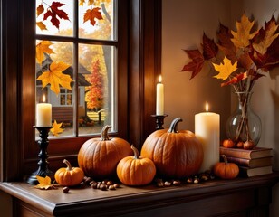 Beautiful autumn landscape from the window with wooden windowsill and pumpkins on it, as well as books, candles and orange leaves in a transparent vase