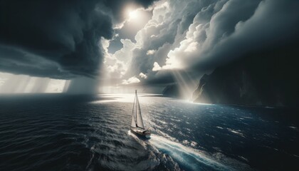 Tight shot capturing a section of the ocean under a stormy sky. Sunlight shines through a break in the clouds, illuminating the waters, with a sailboat - obrazy, fototapety, plakaty